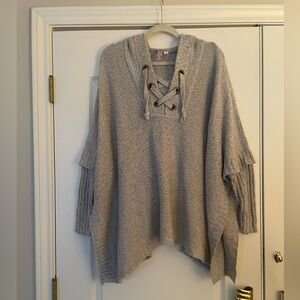 Alya Gray Lace-Up Poncho Sweater with hood , nice condition size S/M